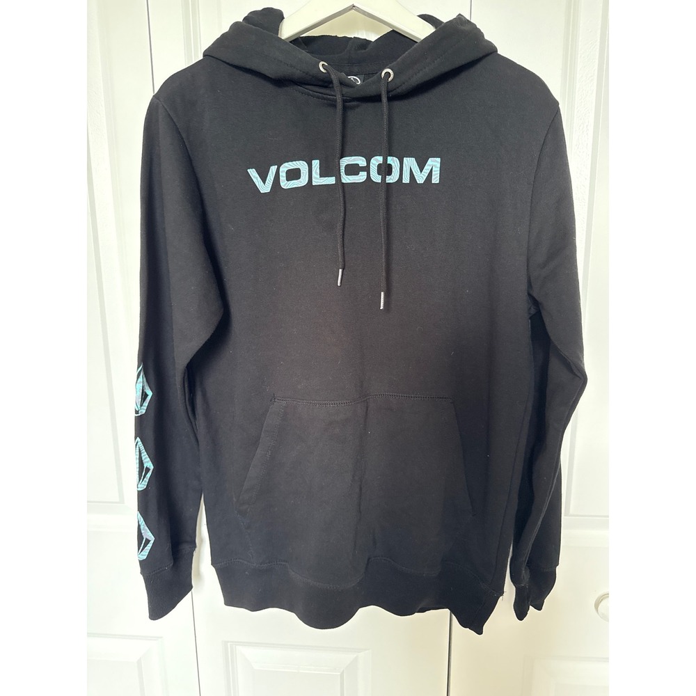 Volcom Mens Small Black Teal Logo Graphic Sleeve Pullover Hoodie Sweatshirt